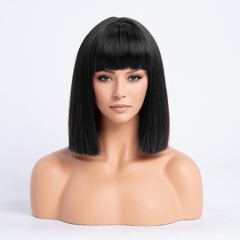 SIMKAYLEE Short Straight Black Bob Wig with Fringe Women's Short Bob Black Wigs for Women Shoulder Length Wig for Carnival Fancy Dress Theme Party Halloween Cosplay Christmas (30 cm)
