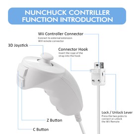 2 Pack Nunchuck Controller for Wii, FISUPER Replacement Remote Video Gamepad Joystick for Wii/Wii U Console (White)