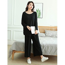 TRTRO Women's Loungewear, Top and Bottom Set, Large Size, Round Color, Long Sleeve, Pajamas, Room Wear, Sleepwear, Elastic Waist, Black