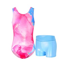 Nokecina Leotard for Girls Gymnastics Size 8-9 Years Old Pink Blue Prints Sparkly USA Kids Sports Bodysuits with Shorts Set