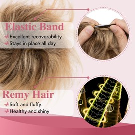 TESSHAIR Thick Messy Bun Hair Piece, Tousled Wavy Human Hair Scrunchies, Short Ponytail Extension, 29g, #Medium Brown & Dark Blonde
