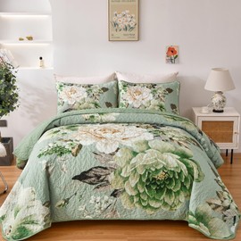 WONGS BEDDING Floral Quilt Set Queen, Sage Green 3 Pieces Elegant Flower Bedspread Coverlet for All Season Soft Microfiber Lightweight Reversible Quilt Bedding Set with 2 Pillow Shams 96"X90"