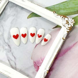 Valentines Day Red Heart Press on Nails White Almond Fake Nails Medium False Nails with Pearl Design Full Cover Glossy Acrylic Nails Stick on Nails Jelly Press on Nails for Women and Girls 24Pcs