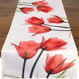 Table Runner Tulips Red, Beige Cream, Modern Printed Motif Tablecloth for Spring and Summer, 40 x 140 cm