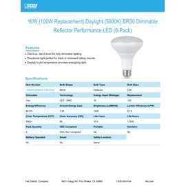 Feit Electric BR30 LED Light Bulbs, 100W Equivalent, Dimmable, E26 Standard Base, 80 CRI, 1400 Lumens, 5000K Daylight, 120V, 10 Years Lifetime, Damp Rated, 6 Pack, 100BR30DM85010KLED/6