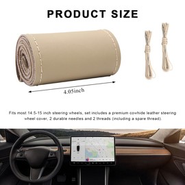 MUQIDA Genuine Leather Steering Wheel Cover, 15 Inches Breathable Stitch on Wrap Steering Wheel Cover, Anti-Slip Auto Wheel DIY Sewing Protector with Needle Thread (Beige, Glossy)