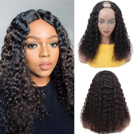 huarisi Short U Part Human Hair Wigs Short Curly Wave U Shape Wig 100% Brazilian Hair Glueless Full Head Clip in Half Wig for Natural Color (12 Inch)