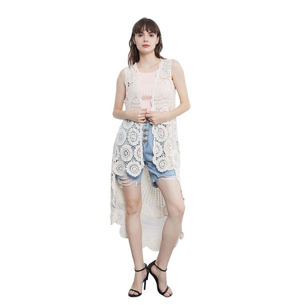 Anna-Kaci Womens Hippie Bohemian Floral Crochet Lace Trim Sleeveless Vest