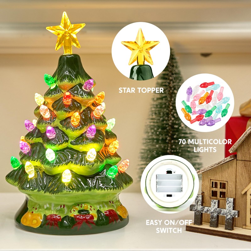 Joiedomi 7" Ceramic Christmas Tree with Green Base, Prelit Xmas
