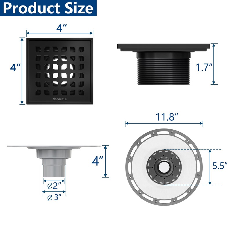 Neodrain Low Profile Shower Drain Kit, Square Drain, 4" Matte