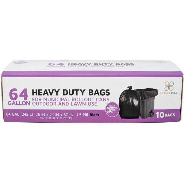 PlasticMill 64 Gallon Garbage Bags: Black, 1.5 Mil, 50x60, 10 Bags.
