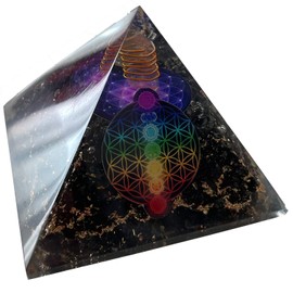 CHONIT Orgonite Pyramid, Chakra Mix Colourful with Symbol Flower of Life, Protection, Small with Rock Crystal as Decoration for Home (Black/Purple)