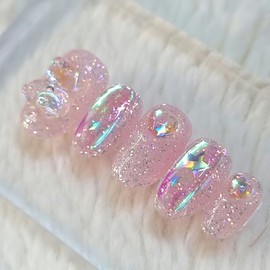 Pink Bear Star UruUru Handmade Nail Tip - Short Oval / 핑크 곰돌이 스타 우루우루 수제네일팁 - 숏오벌