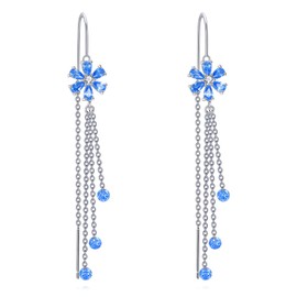 Blue Flower Threader Earrings Sterling Silver Long Tassel Drop Dangle Earrings Jewelry Gift for Women