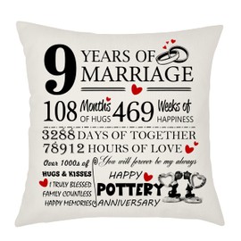 9th Wedding Anniversary Pottery Anniversary Cushion Cover - Gift for Wife or Husband - 9 Years of Marriage Keepsake Present - Elegant 45x45cm Pillow Case (9 Years of Marriage)
