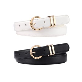 AWAYTR 2 Pcs Kids Girls Leather Belt, Fashion Gold Buckle Belts for Teen Girls Jeans Dress, Black/White, Fit Waist 22-26 in