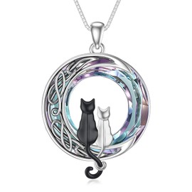 TOUPOP Silver and Black Cats Necklace 925 Sterling Silver Cats on the Moon Necklace with Purple Circle Crystal Cat Lovers Celtic Jewelry Gifts for Women Birthday Christmas