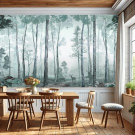 AMUGISH Misty Forest Wall Mural – Tranquil Woodland Scene Wallpaper with Deer and Soft Greenery, Peel and Stick - Ideal for Living Rooms, Bedrooms, and Nurseries