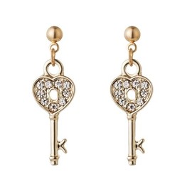 Asymmetric Lock Key Dangle Earrings for Women Simple Unique Chic Crystal Cubic Zirconia Irregular Dismatch Hollow Heart Shaped Key Geometric Padlock Gold Silver Plated Hanging Drop Stud Earrings for