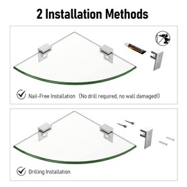 Bakzon Tempered Glass Corner Shower Shelves for Inside Shower, 2-Pack No Drill Adhesive Bathroom Organizer, Rustproof Aluminum Brackets, Glass Shower Corner Shelf