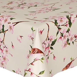 PVC Tablecloth Birds 2 Metres (200cm x 140cm), Pretty Flowers Oriental Floral Twig Leaves, Pink Brown Latte Green, Wipe Clean, Vinyl / Plastic Table Cloth by Kitchenwise