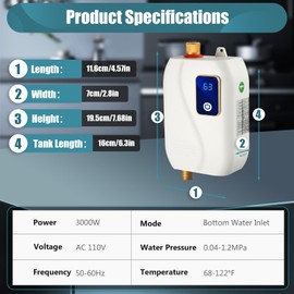 Mini Electric Tank Water Heater 3000w 110v Instant Hot Water Heater Under Sink for Installation in Garages, Offices, Sinks, RV, Kitchens, Apartments White
