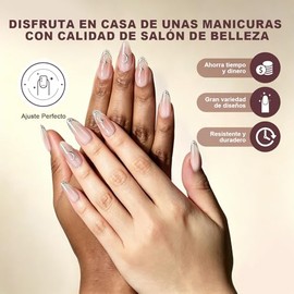 Uñas Postizas con Punta Francesa, Uñas Press on para Manos, Cortas y Puntiagudas en Forma de Almendra con Acabado UV, Kit de Uñas Semitransparentes de