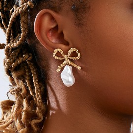 Pear Bow Earrings for Women Gold Bow Earrings Ribbon Bow Stud Earring Cute Bowknot Earrings Bow Stud Earrings Birthday Party Christmas Jewelry (Gold)