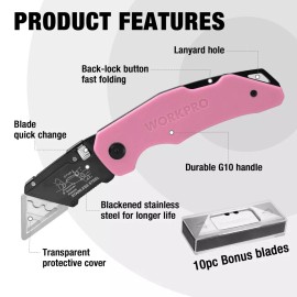 WORKPRO Folding Utility Knife Box Cutter with 10 PCS Blades Quick Change Blade
