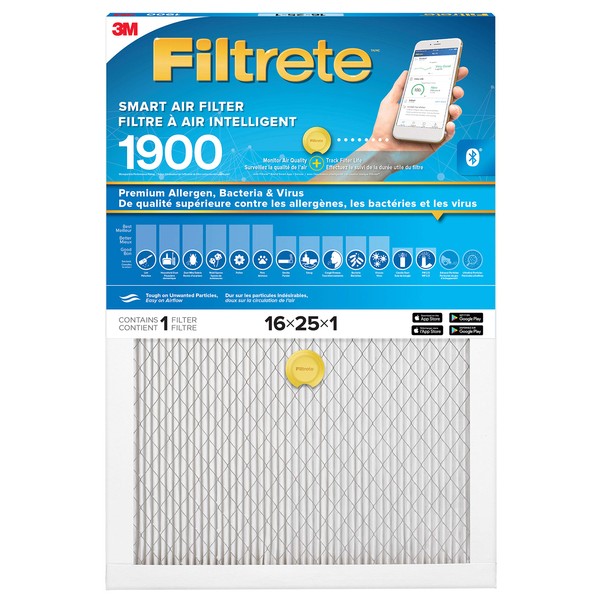 Filtrete 16x25x1 Smart Furnace Filter, MPR 1900 MERV 13, 1-Inch Premium Allergen, Bacteria and Virus Air Filters for ACs and Furnaces, 1 Filter, White