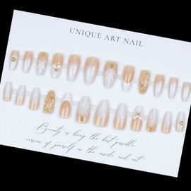 MouyouGlow Press on Nails Short, Almond Nude White French 3D Flowers Floral Starfish Gold Aura Pearl Shell Fake Nails with Nail Glue, Gradient White Shell Y2K INS Artificial Fingernails