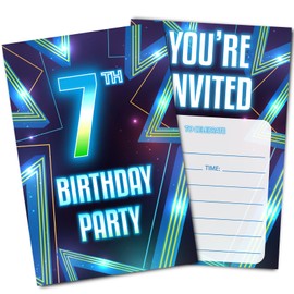 Neon 7th Birthday Party Invitations, Blue Invitation Cards with Envelopes (30PACK), Seventh Birthday Supplies Fill-in Invites for Boys, Girls, Kids