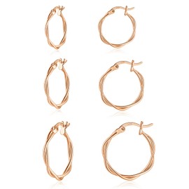 wynn's Silver Hoop Earrings for Women, 3 Pairs Small Sleeper Silver Hoops Earrings Set, Hypoallergenic 925 Sterling Silver Twist Hoop Earrings Set for Women Girls, 13,15,20mm rose gold hoops
