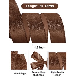 SIMISI RIBBON Brown Glitter Velvet Ribbon Wired for Christmas Tree Decorations, Outdoor Decor, Garland and Wreath Ornaments (1.5 Inch, 20 Yards)