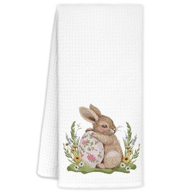 AQYIP Vintage Easter Bunny Eggs Kids Kitchen Towels, Rustic Floral Easter Rabbit Dish Tea Towels for Nursery Kitchen Decor, Farmhouse Bunny Hand Towels for Bathroom Decor, 16x24 Inch