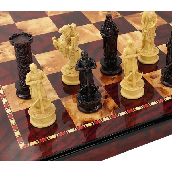 Medieval Times King Richard The Lionheart Knights Antique Color Chess Men Set W/ 18" High Gloss Cherry and Burlwood Color Board