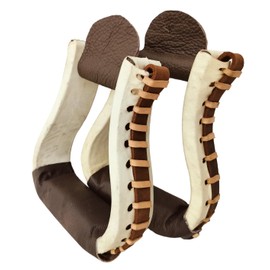 WEMBILS Leather Horse Riding Western Stirrups Horse Saddle Rawhide Leather Stirrups Pair Covered Bell Riding Barrel Racing Stirrups for Horses (Brown)