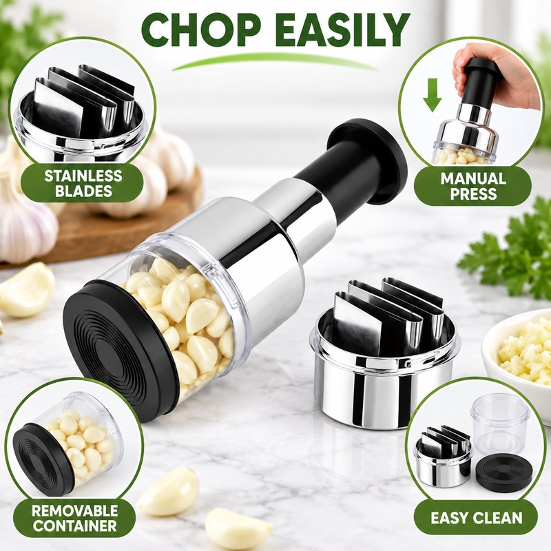 Manual Food Chopper with Storage Container – Hand Press Garlic,