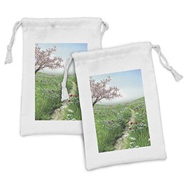 Lunarable Flower Fabric Pouch Set of 2, Pathway with Cherry Blossom Tree Wildflowers Grassland Country Village Nature Art, Small Drawstring Bag for Toiletries Masks and Favors, 9" x 6", Green Blue