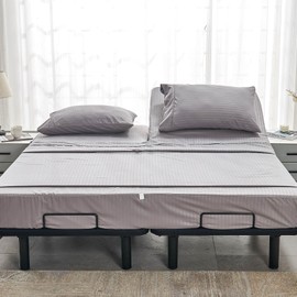 Kingnex Striped Split Top California King Sheets Sets for Adjustable Bed 4 Pieces Include 1 Flex Head Fitted Cal King Sheet 1 Flat Sheet 2 King Size Pillowcases Grey