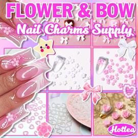 3D Flower Nail Charms Bulk Pink and White Bows Pearls Charms for Nails Cherry Butterfly Heart Pearl Nail Gems Flowers and Bows Nail Supply for Nail Art Design