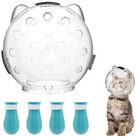 VMBQRTI Cat Muzzle for Grooming, Breathable Transparent Astronaut Helmet with 4 Silicone Paw Protectors, Anti-Bite Muzzle for Bathing and Nail Trimming (S)