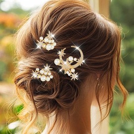 Kilshye Pearl Bridal Hair Pins Gold Star Wedding Hair Accessories Rhinestone Hair Pieces for Women (Pack of 3) (Gold, One Size)