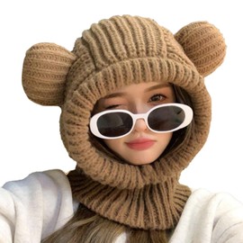 Bear Balaclava Crochet Hat Knit Animal Snood Adult Cute Ear Beanie Over Helmet Skull Cap Warm Winter Hood Scarf Neck Cover Coffee