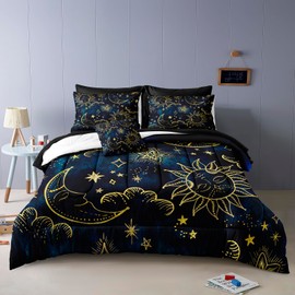 Merryword 8 Pieces Universe Bed in a Bag Sun and Moon Comforter Set King Size Galaxy Bedding Blue Gold Moon Star Pattern Bohemian Gothic Comforter Set for Boys Girls Women