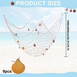 Fishing Net Decoration with Shells, 100 x 200 cm Decorative Net for Hanging, Fishing Net Background Wall Decoration, Mermaid Net, Maritime Decoration for Beach Parties