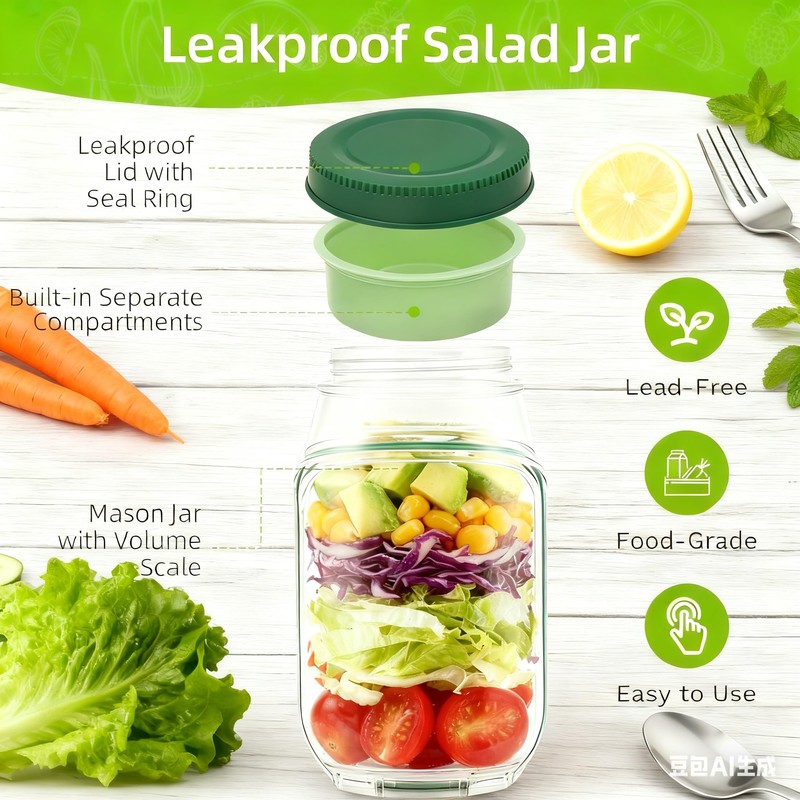 Salad Jar with Side Opening, Mason Jar Salad Leak Proof