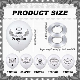 Funeral Memorial Balloons - White Latex Balloons for Farewell Ceremony, 50pcs with 10m Ribbon, Biodegradable, Suitable for Helium or Air Inflation