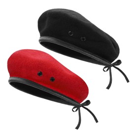 TAGVO AYPOW Wool Beret Hats Men Women Beret Hats with Leather Trim - Adjustable, One Size, Black & red