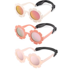 GLARDEFE Polarized Baby Sunglasses with Strap - Unbreakable Infant Flowers Sunglasses for Newborn Girls Boys Age 0-12 Months(White/Red Mirror + Pink/Pink Mirror + Brown/Pink)
